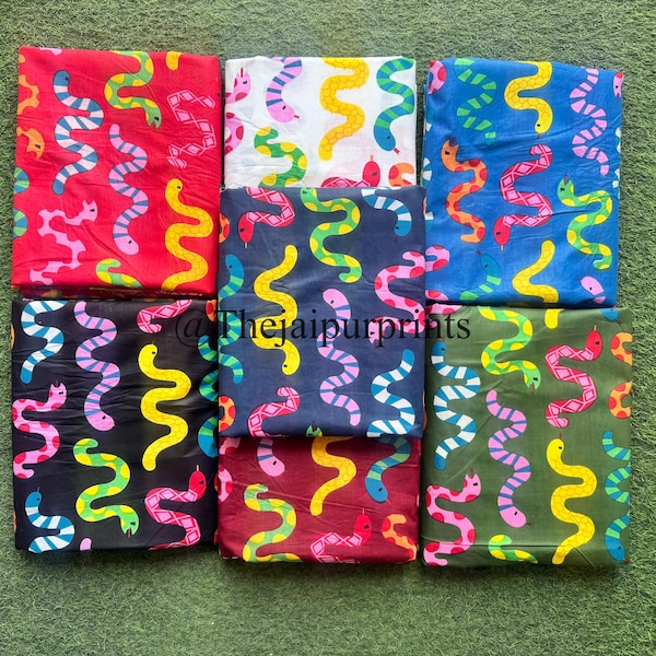 Indian Hand Block Snake Print Fabric, 100% Soft Cotton Dressmaking Material, Quilt & Apparel Fabric