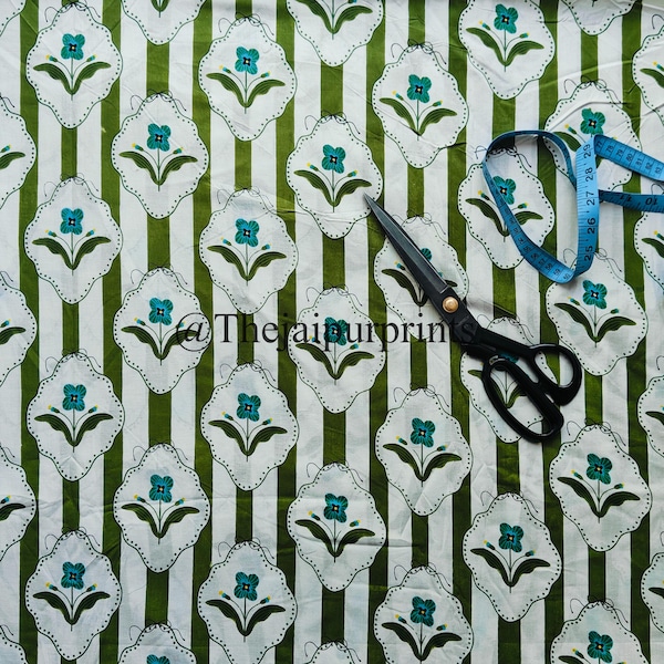Hand Block Print Cotton Fabric, Floral Stripe Sewing Craft Material