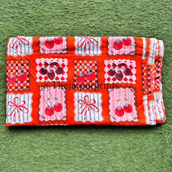 Orange Bow And Cherry Print Cotton Fabric, Patchwork Pattern by The Yard, Sewing & Quilting