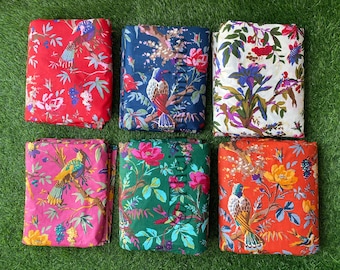 Tela de algodón con estampado floral de pájaros, cortada a medida: Tela para vestido kimono estampada a mano con bloques de madera