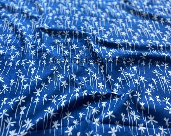 Indigo Blue Floral Print Cotton Fabric: Hand Block Boho Quilting