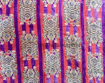 Tiger Print Velvet Fabric, Purple and Red Upholstery Fabric By The Yard
