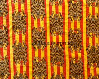 Yellow Tiger Print Velvet Fabric, Indian Handmade Upholstery Sewing Fabric, By The Yard