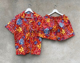 Red Floral Pajama Set: Handmade Cotton Women's Sleepwear