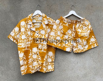 Floral Print Cotton Pajama Shorts Set: Indian Handmade Sleepwear