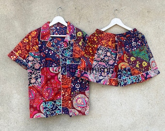 Conjunto de pijama de algodón con estampado patchwork: pijama de manga corta para mujer.