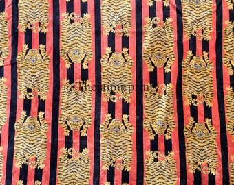 Black Tiger Print Velvet Fabric, Indian Handmade Upholstery Fabric By The Yard