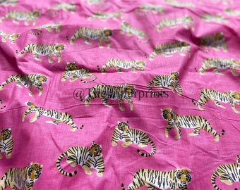Pink Tiger Print Cotton Fabric: Hand Block Printed Quilting, Dressmaking
