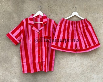New Red And Pink Stripe Soft Cotton Pajama Shorts, Nightwear Shorts, Bridesmaid Pajama, Women's Short Pant And Shirt Set, Summer Pajama