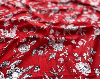 New Red Floral Indian Cotton Fabric, Cotton Fabric By The Yard, Fabric For Summer Dress, Block Printed Cotton Womens Clothing, Sewing Fabric