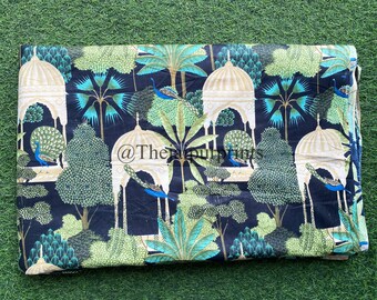 Peacock Garden Art Hand Printed Cotton Fabric, Indian Lawn Fabric By The Yard