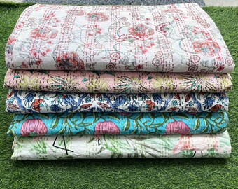 Handmade Indian Kantha Quilt: Reversible Bohemian Cotton Bedspread