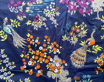 Peacock Floral Print Cotton Fabric: Blue Green Botanical Home Decor