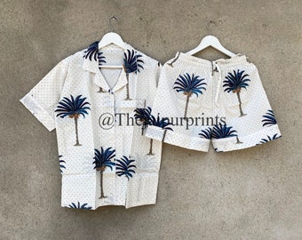 Palm Tree Print Cotton Pajama Set: Women's Short PJs