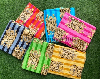 Stripe Tiger Print Cotton Fabric: Indian Hand Block Print, Soft Cambric