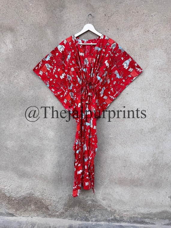 Christmas Print Cotton Kaftan Dress: Hand Printed Maxi Gown