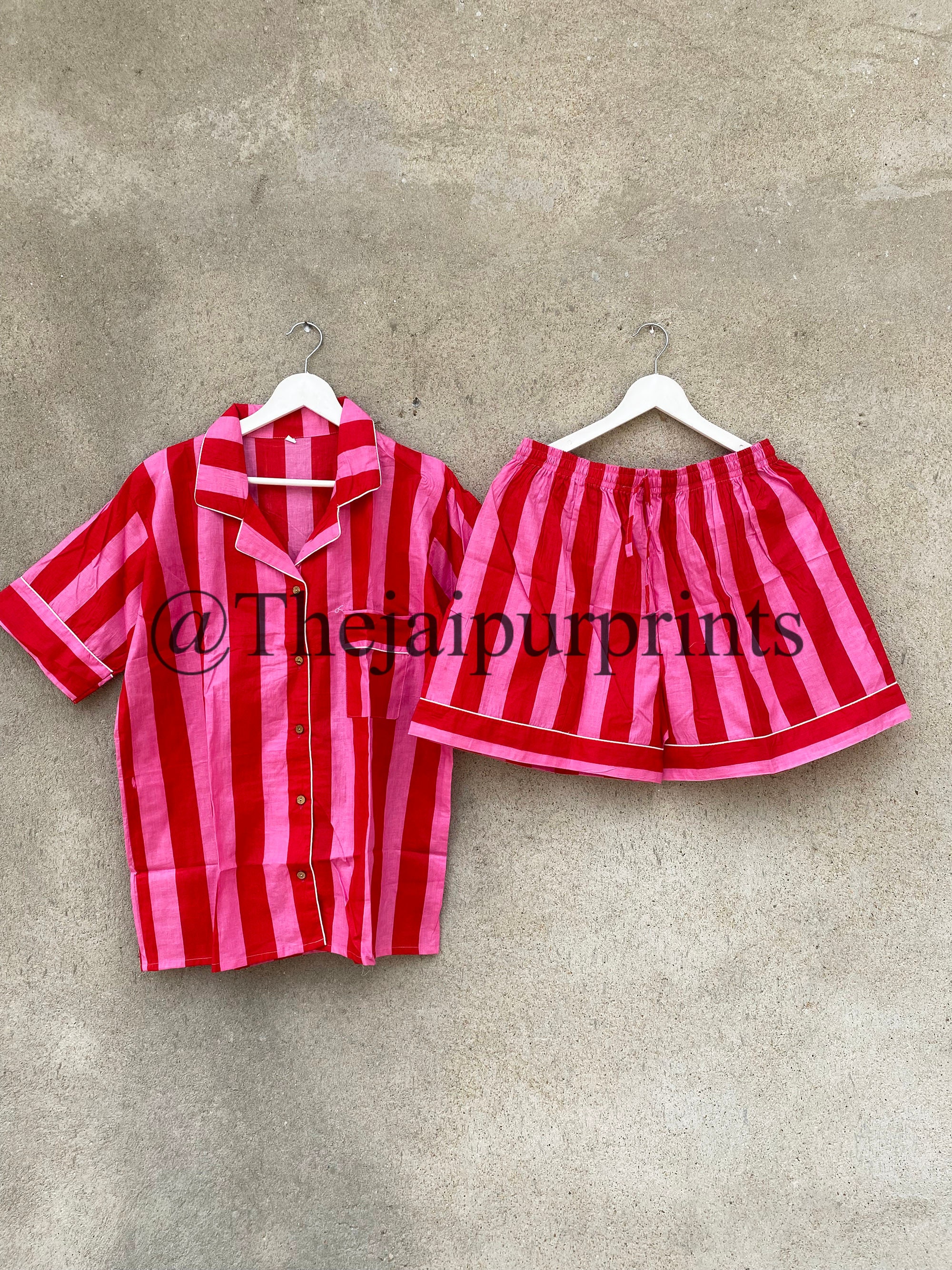 New Red and Pink Stripe Soft Cotton Pajama Shorts, Nightwear