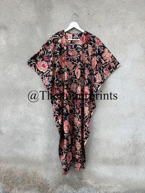 Floral Print Cotton Kaftan: Handmade Indian Maxi Dress Loungewear