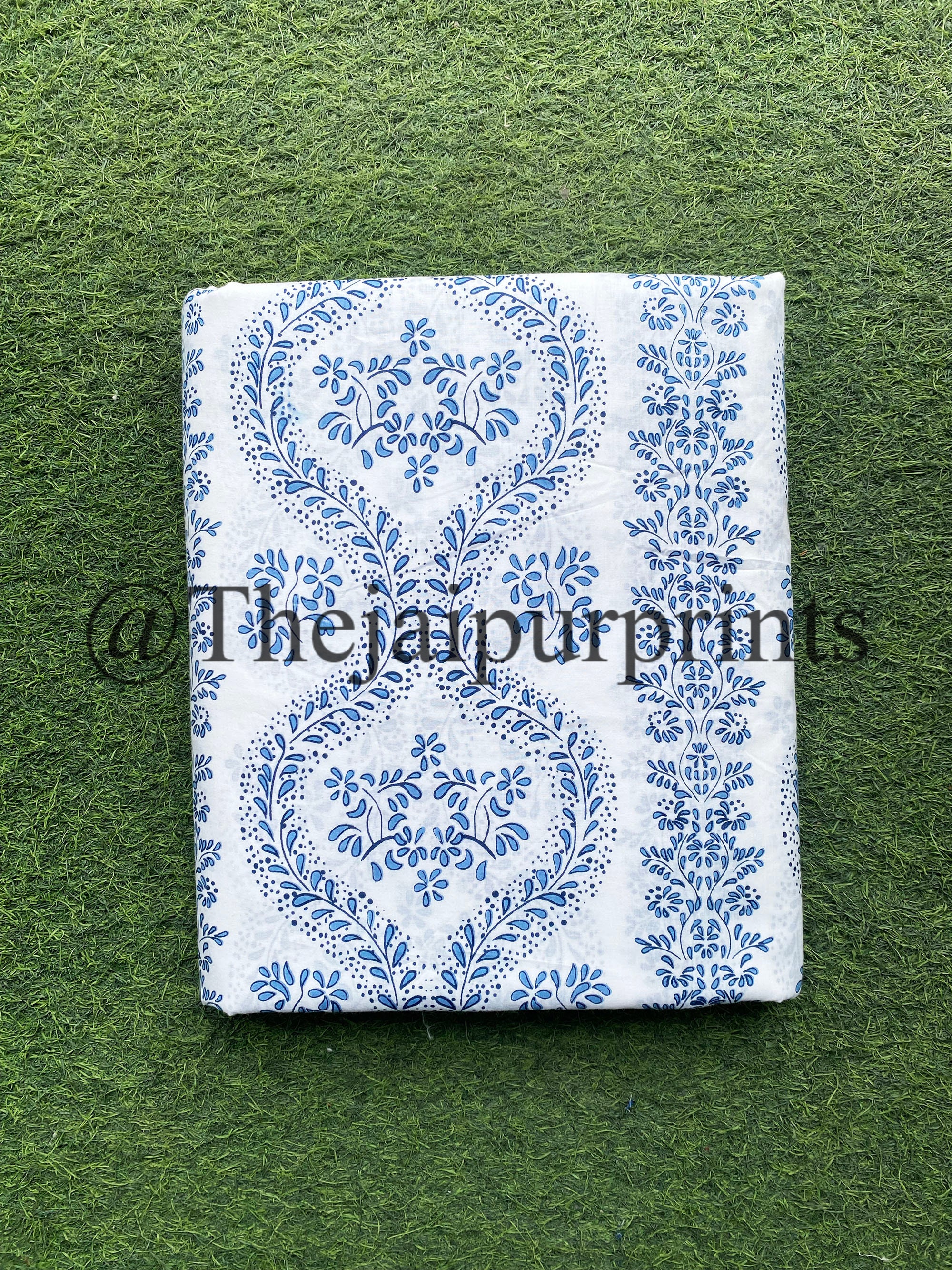 Blue Ikat Floral Print Cotton Fabric: Hand Printed Voile 