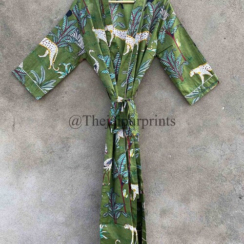 Green Jungle Cotton Kimono Robe: Indian Maxi Dress, Beach Cover-Up