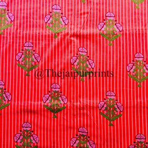 Red Floral Indian Hand Block Fabric, Sewing Fabric By The Yard, Dressmaking Fabric, Quilting Fabric, Apparel Boho Fabric. Women&#39;s Clothing