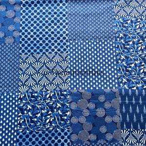 以下が含まれることがあります： 青と白のパッチワーク生地。円形、葉、幾何学模様など、さまざまなパターンが特徴です。