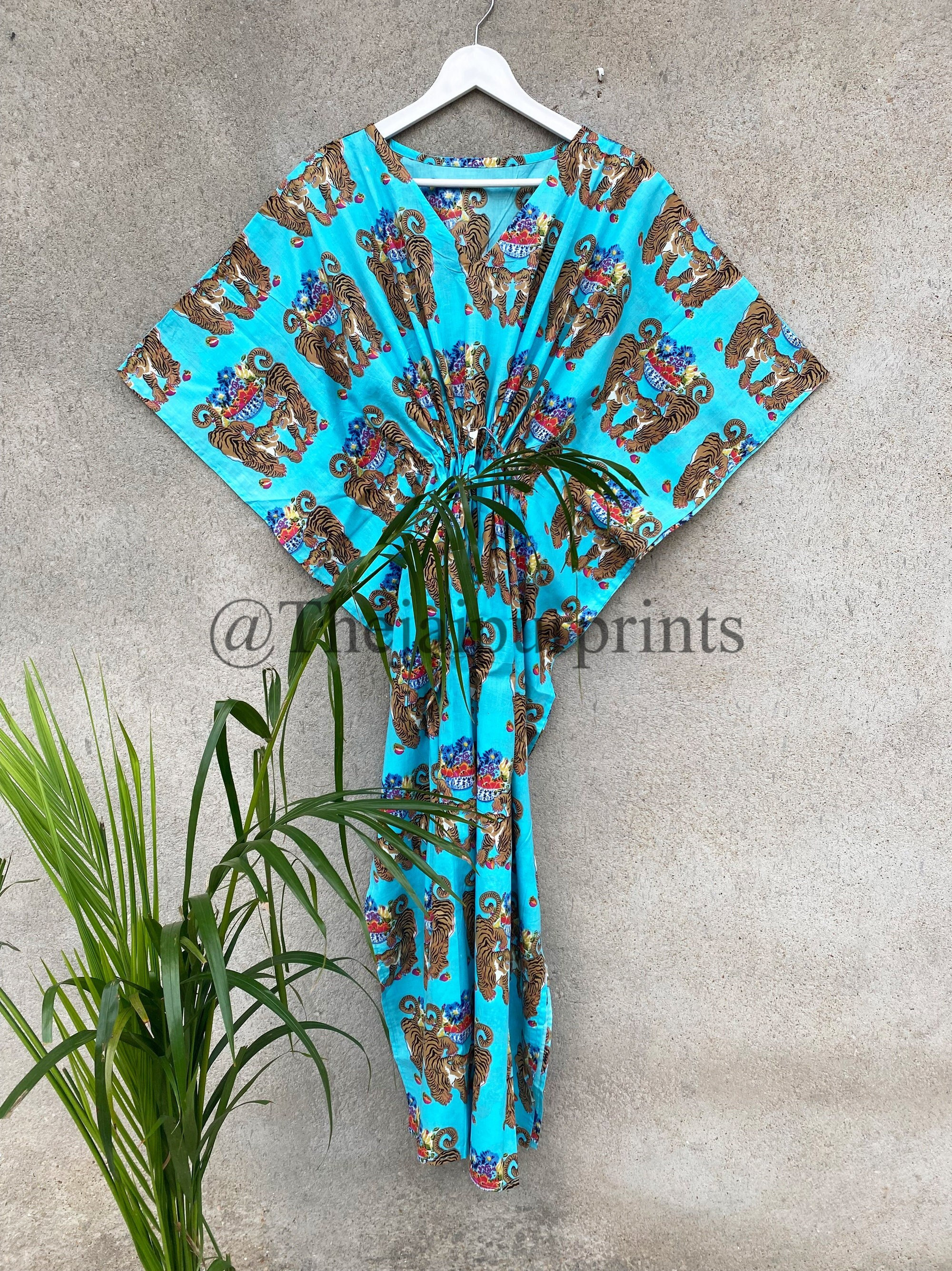 Pranipat Handicrafts Tibetan Tiger Print Cotton Caftan Dress - Green Ethnic Sleepwear Beach Cover Up, One Size Fits S-3XL - View #7