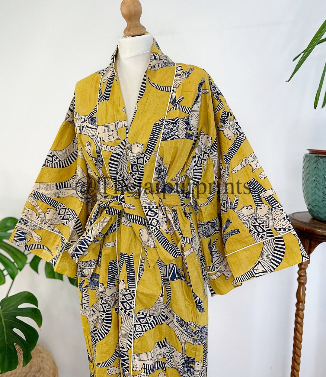 Kimono Robe - Cotton Funky House Robe Kimono - Royal Mustard Yellow ...