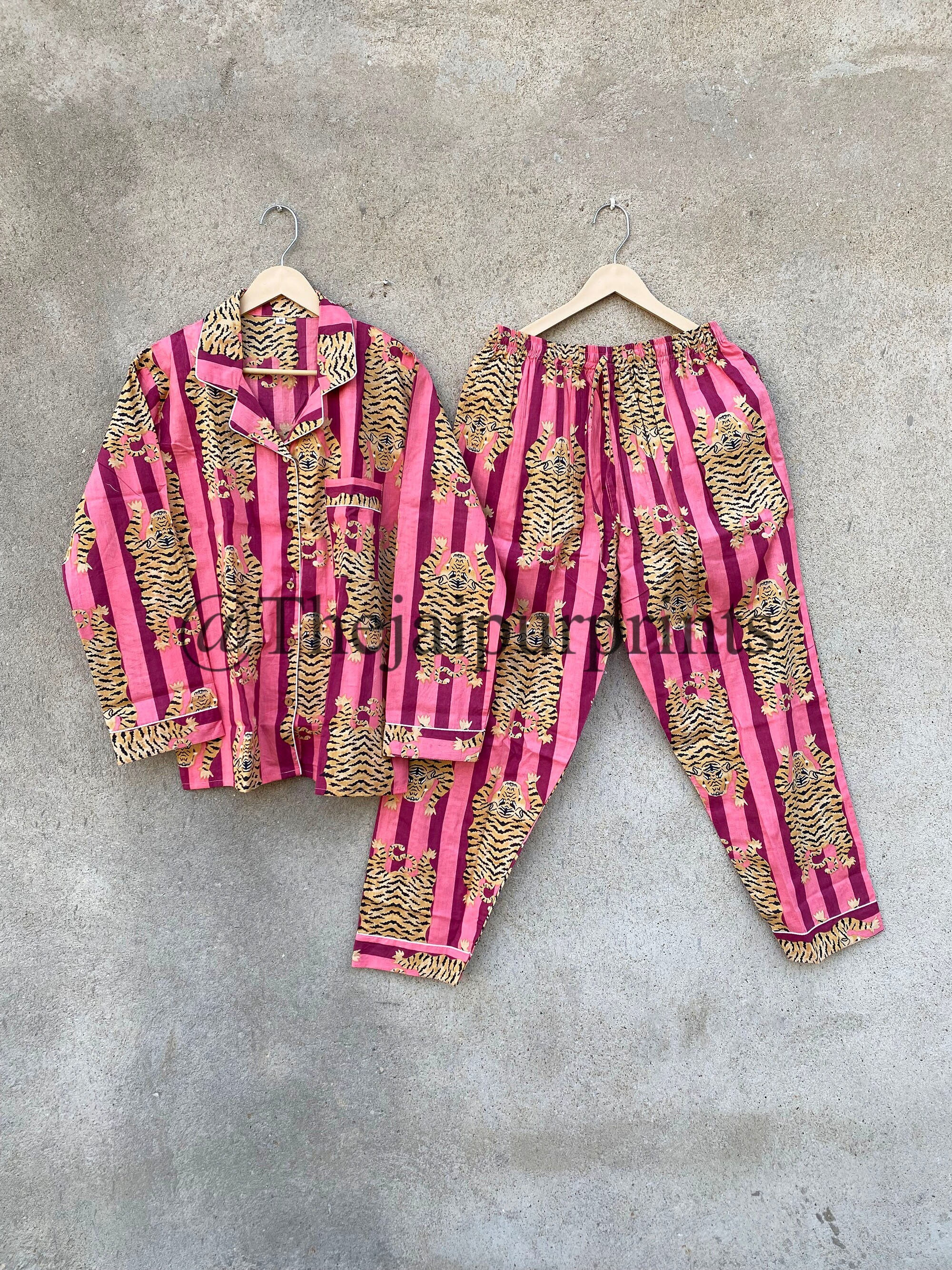New Pink Stripe Tiger Print Pajama Set Women s Pajama Set Wedding Pajama Matching Pajama Sleepwear Night Suit Gift For Her