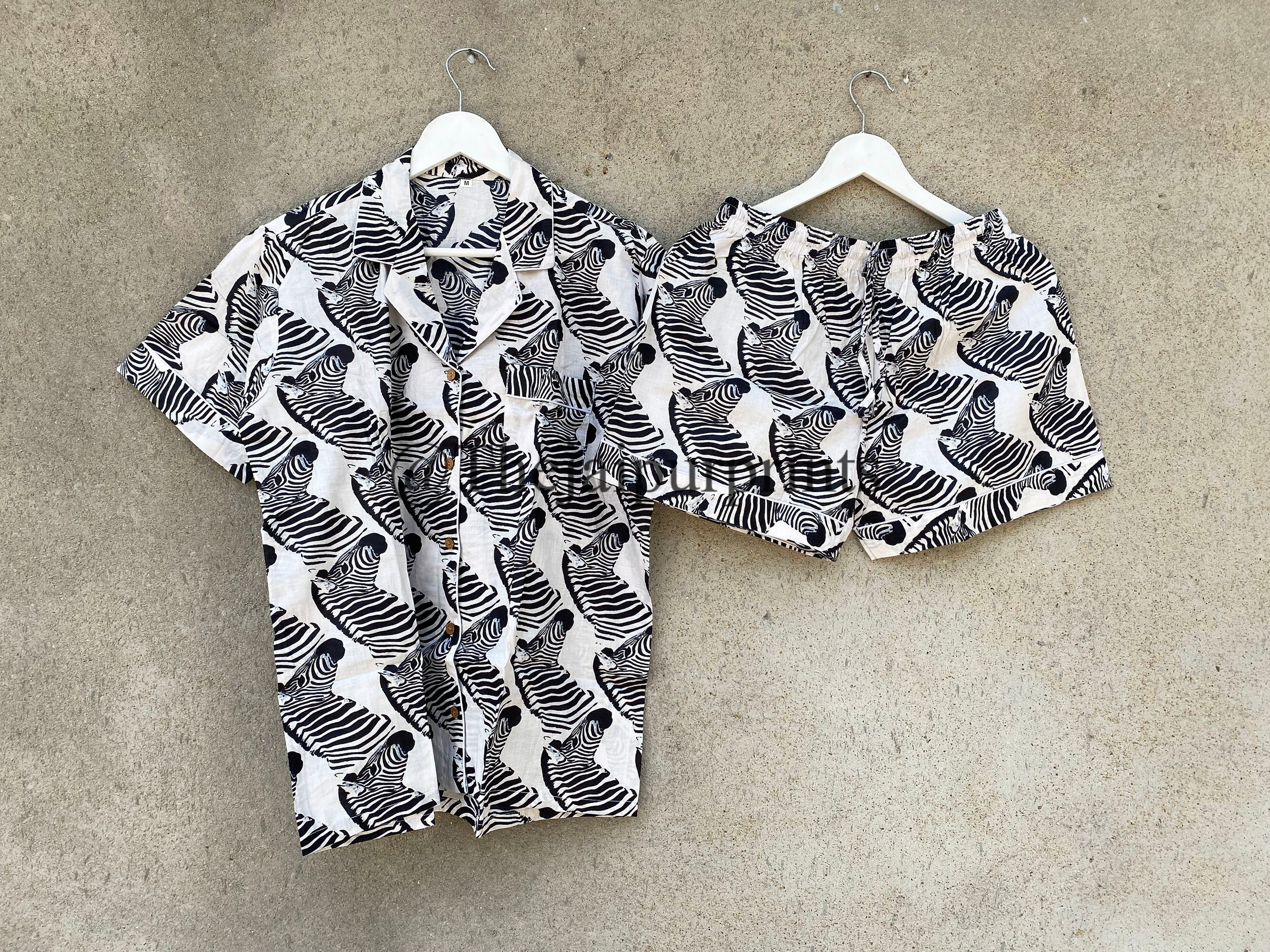 Zebra Print Cotton Pajama Set: Short Sleeve Shirt & Shorts