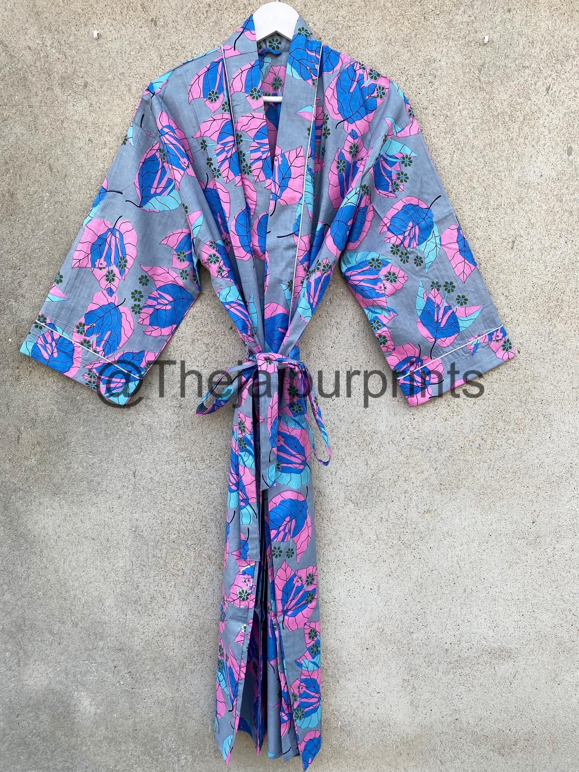Gray Floral Cotton Kimono Robe: Hand Printed Loungewear - Etsy