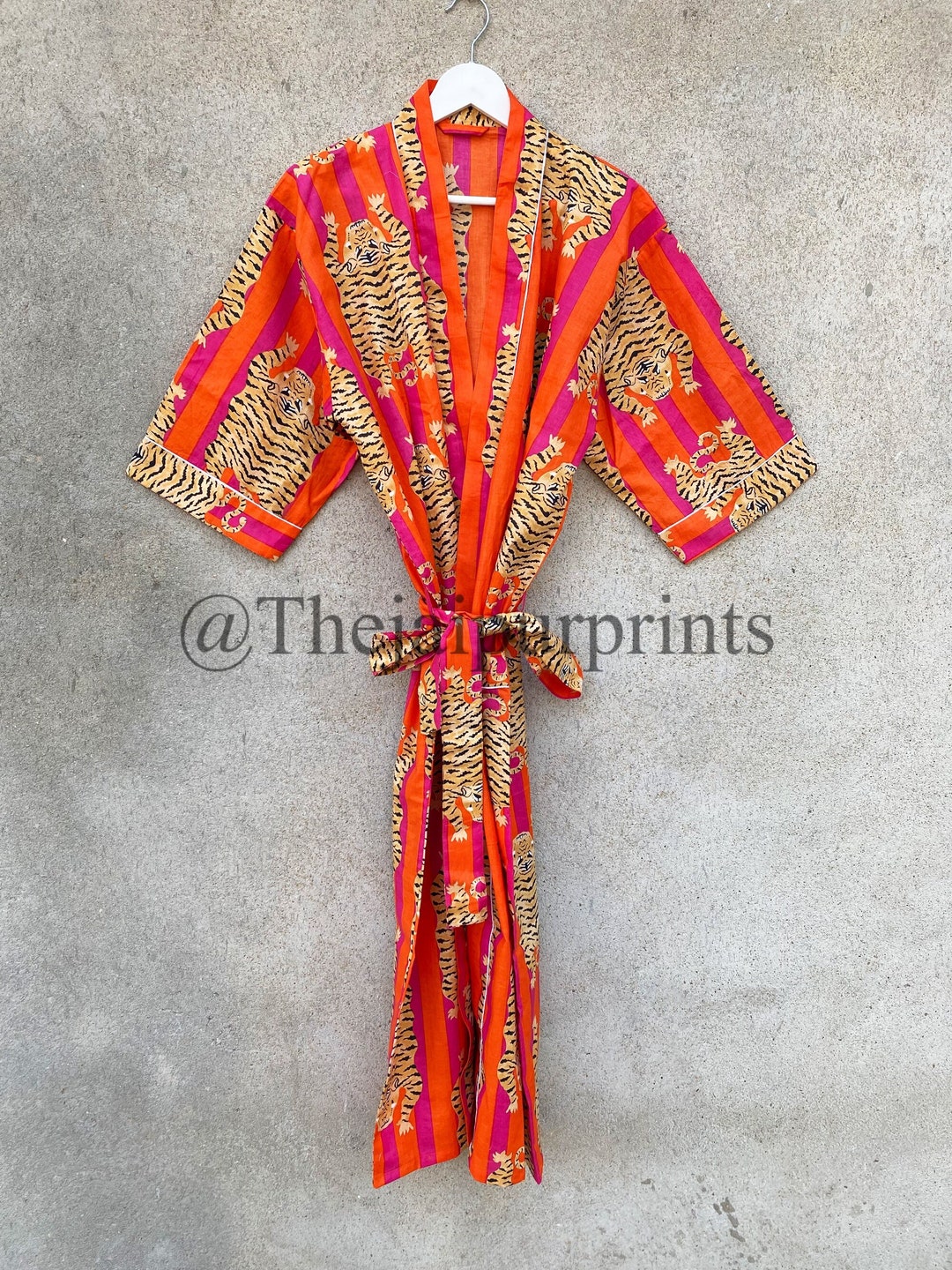 Bold Tiger Print Green Kaftan Dress – Handmade Cotton Kimono Maxi With Striped Yoke & Balloon Sleeves, Boho Beachwear & Lounge Robe