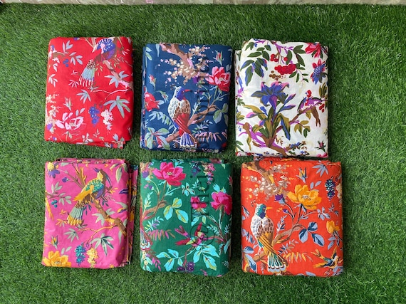 Floral Bird Print Cotton Fabric By The Yard: Hand Block Printed Kimono Dress Fabric