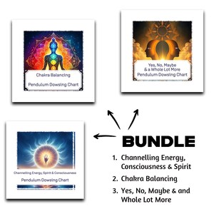 May include: A bundle of three printable pendulum dowsing charts. The charts are designed for channeling energy, chakra balancing, and yes/no/maybe questions. The charts feature colorful, spiritual imagery.
