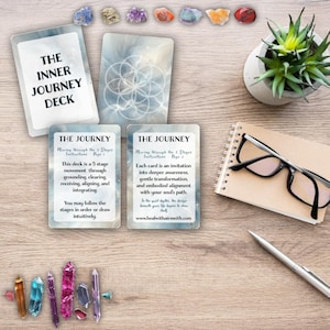 Puede incluir: Vista cenital de una baraja de cartas espirituales, cristales y una planta suculenta. La baraja se titula "The Inner Journey Deck" y "The Journey". Las cartas contienen texto sobre conexión y alineación. Varios cristales están dispersos.