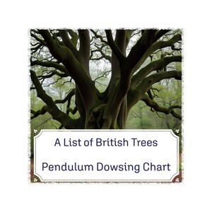 Puede incluir: Un gráfico de radiestesia de péndulo con una lista de árboles británicos, ilustrado con una foto de un gran árbol nudoso con ramas gruesas.
