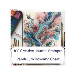 Puede incluir: Una pintura de acuarela de un diseño abstracto en espiral con colores azul, rosa y naranja. La pintura está en un diario con el texto "198 Creative Journal Prompts Pendulum Dowsing Chart" en la portada.