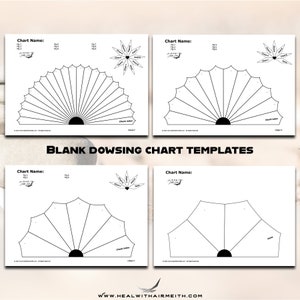 Könnte beinhalten: Vier leere Radiästhesie-Diagramme mit dem Titel "BLANK DOWSING CHART TEMPLATES" und der Website-Adresse "WWW.HEALWITHAIRMEITH.COM". Jedes Diagramm hat eine fächerförmige Gestaltung mit einem Kreis unten und einer sternförmigen Gestaltung oben.