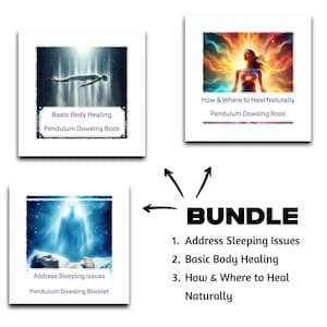 May include: A bundle of three pendulum dowsing books. The books cover basic body healing, addressing sleeping issues, and how and where to heal naturally. The books are illustrated with images of people in a state of healing and relaxation.