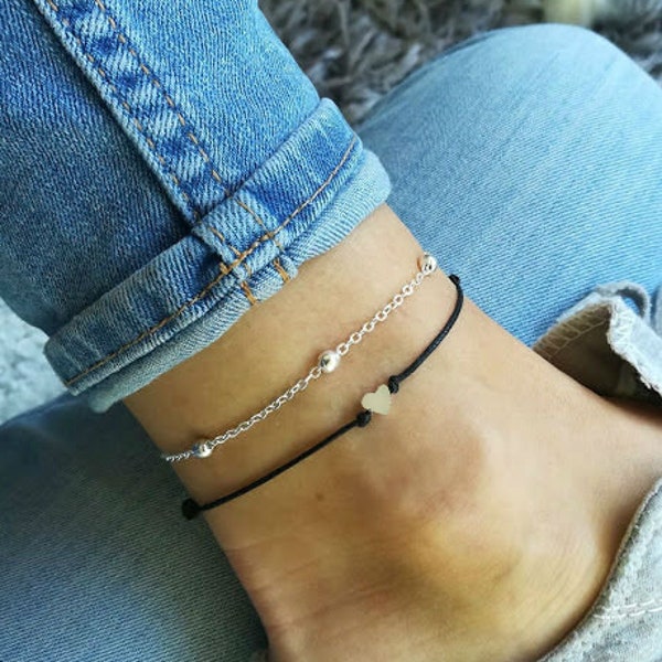 Heart Anklet, Tiny Heart Anklet, Beach Anklet, Heart Jewelry, Small Heart, Cord Anklet, Summer Anklet, Boho, Ankle Bracelet, Anklet Set,