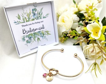 Gold knot bangle Bridesmaid Personalized Gift Tie the knot Bridesmaid Gift Knot Initial Bangle Bridesmaids Bangle Gift Gold Knot
