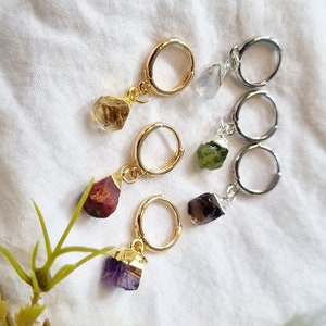 raw crystal hoop earrings Dipped Gold Raw crystal earrings Gold Dipped earrings hoop earrings gem earrings natural stone earrings dainty