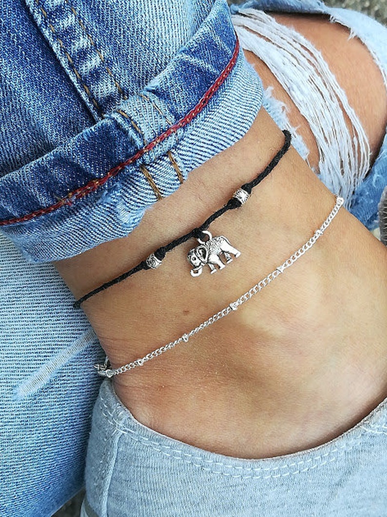 Elephant Anklet,Silver Anklet, Anklet, Beach Anklet, Ankle Bracelet, Beaded Anklet, Charm Anklet, Festival Anklet, Summer Anklet Adjustable 