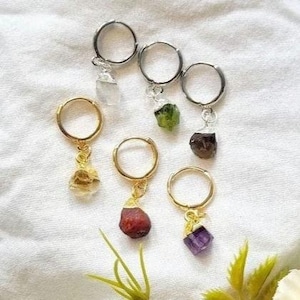 huggie hoop earring hoop earring Dipped Raw crystal earrings Gold hoop earring hoop earrings gem earrings natural stone earrings dainty