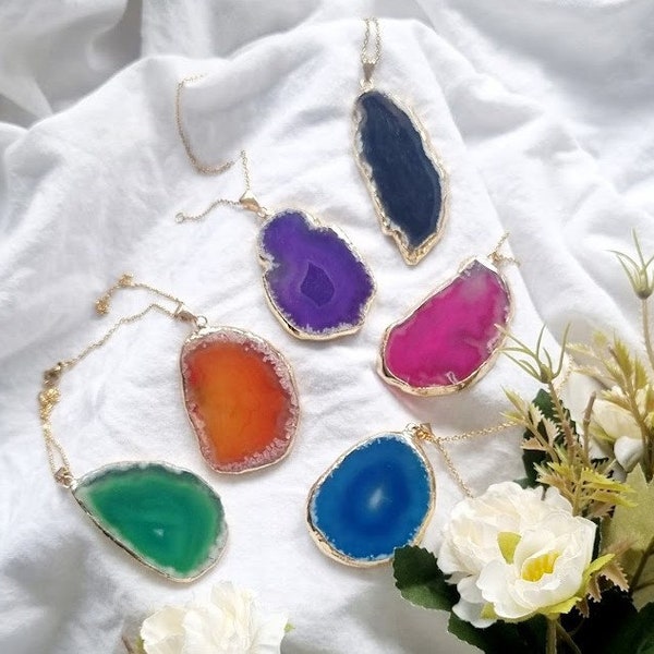 Agate slice necklace Large slice agate agate jewelry statement necklace gold agate necklace agate slice agate layering necklace layering