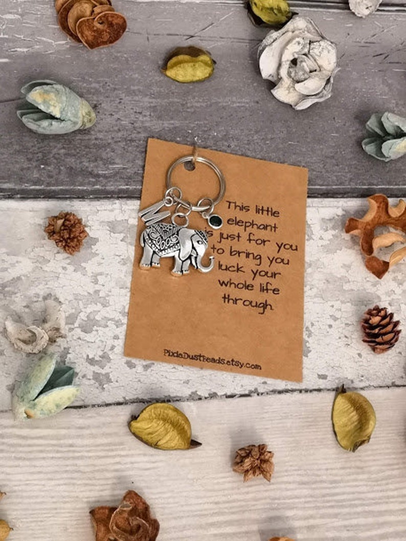 Pu&ograve; includere: Un ciondolo a forma di elefante d'argento attaccato a un portachiavi con una carta marrone su cui &egrave; scritto "This little elephant just for you to bring you luck your whole life through."  PixieDustBeadsEtsy.com &egrave; stampato in fondo alla carta.