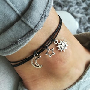 Sun Anklet, Moon Anklet, Star Anklet, Set of 3 Anklets, Festival Anklet, Beach Anklet, Silver Anklet, Adjustable Anklet, Summer Anklet, Boho