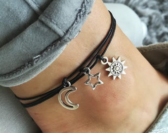 Sun Anklet, Moon Anklet, Star Anklet, Set of 3 Anklets, Festival Anklet, Beach Anklet, Silver Anklet, Adjustable Anklet, Summer Anklet, Boho