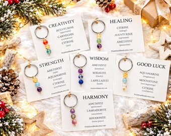 May include: Six silver-toned metal rings, each featuring three dangling gemstone beads. Each ring is attached to a white card labeled with themes like Creativity, Healing, Strength, Wisdom, Good Luck, and Harmony, listing the specific stones.