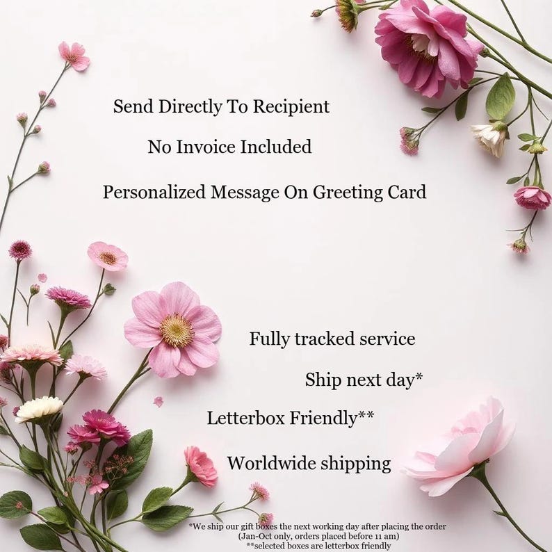 Puede incluir: Un arreglo floral con flores rosas y magenta, y texto que dice: "Enviar directamente al destinatario", "Sin factura incluida", "Mensaje personalizado en la tarjeta de felicitaci&oacute;n", "Servicio totalmente rastreado", "Env&iacute;o al d&iacute;a siguiente", "Letterbox Friendly" y "Env&iacute;o a todo el mundo".
